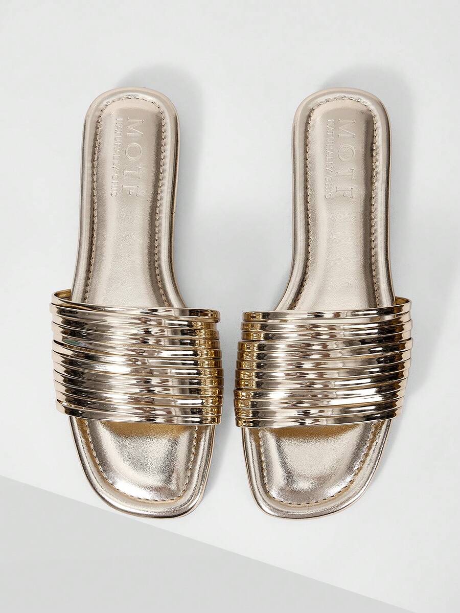 MOTF WOMEN'S MINIMALIST STYLE METAL THIN STRAP OPEN-TOED SANDALS, SQUARE TOE MULTI-STRAP PARTY FLAT SLIPPERS AND VACATION BEACH SHOES - Gold - View 1