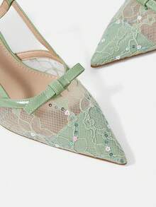 CUCCOO HITCHD French Lace Pointed Toe Slingback High Heels 2026 Spring And Summer New Bow Kitten Heel Sandals Women - Light green - View 6