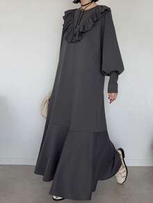 FRIFUL Women's Solid Color Ruffle Long Dress Brunch Dark Grey Autumn Elegant Casual French Everyday Day Time Everyday Day Time - Grey - View 7