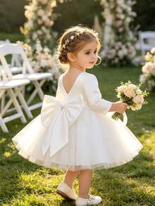 Glamorique Kids 女嬰白色緞面薄紗蝴蝶結長袖洋裝，生日派對、婚禮花童公主風，夏季保暖套裝，可愛優雅風格 - 米色 - 查看 3