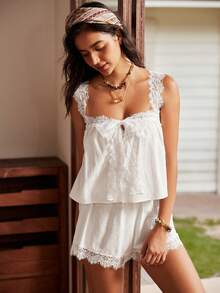 Lullawish Bohemian Romantic Lace Cami & Shorts Pajama Set, 100% Cotton, Women's - White - View 3