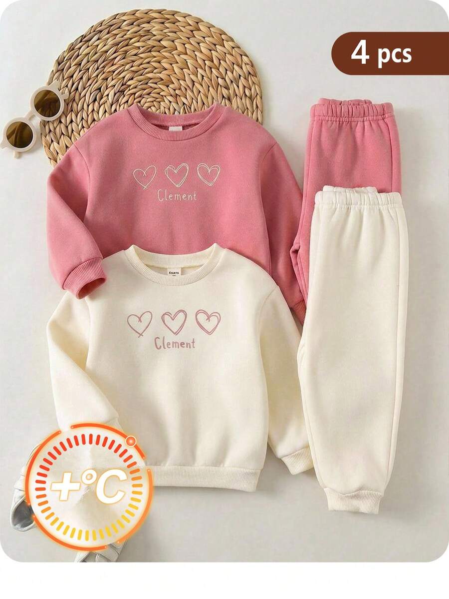 SHEIN Baby Girl Cute Casual Knitted Heart Pattern Long Sleeve Autumn Winter Sweatshirt 4pcs -Piece Set - Pink - View 1