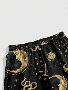 ROMWE Goth Sun Moon Stars Dark Skull Constellation Moon Plus Size Pants - Black - View 4