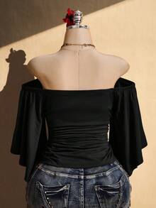 SHEIN ICON Women's Plus Size Solid Color Off-Shoulder Ruched Waist Blouse - Black - View 2