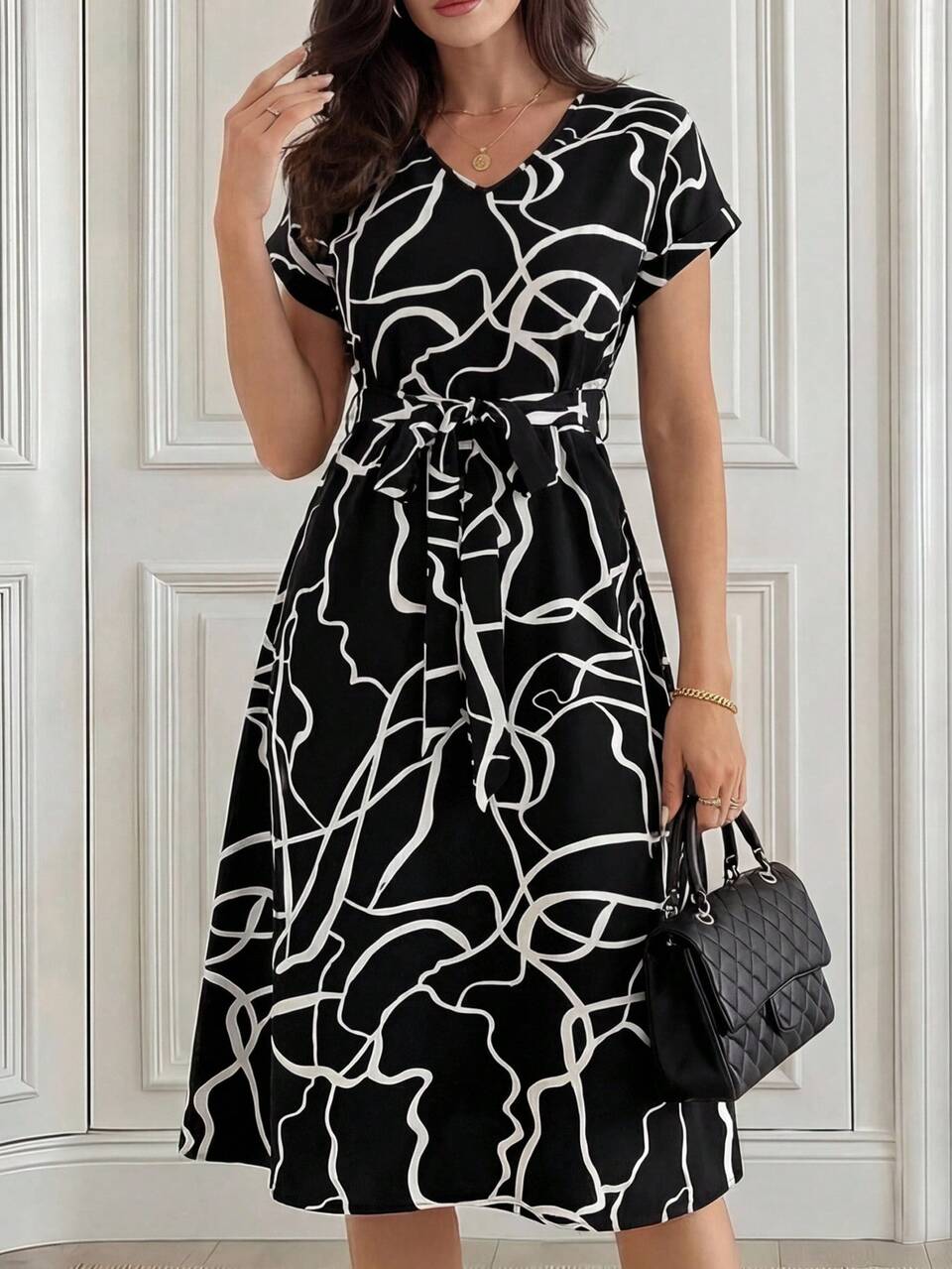 Graphic Print Batwing Sleeve Belted Dress Casual Outfit For Women Spring Summer