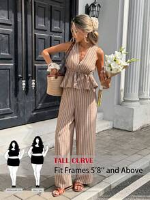 SHEIN Tall CURVE Pantalones acampanados de punto beige estilo boho casual elegante para mujer talla grande, con estampado plisado en la cintura, extra largos, para verano, vacaciones, fiesta del té, brunch, playa y eventos formales - Café integral - Ver 11