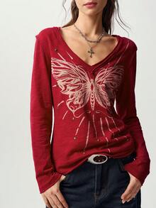 Bohemela Women's Butterfly Pattern Casual Grunge Versatile Daily Wear T-Shirt Everyday Dark Red Summer - Blue - View 4