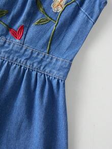 GlowEve Women's Floral Embroidered Pattern Pleated Casual Party Denim Dress - Blue - View 4