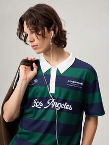 Men Striped & Slogan Graphic Polo Shirt - Dark Green - View 6