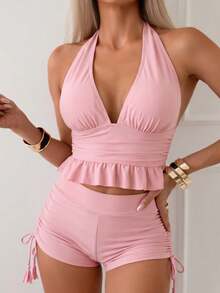 Swim Basics Women's Ruffle Halter Tie Tank Top And Shorts Swimsuit Set - Pink - View 5