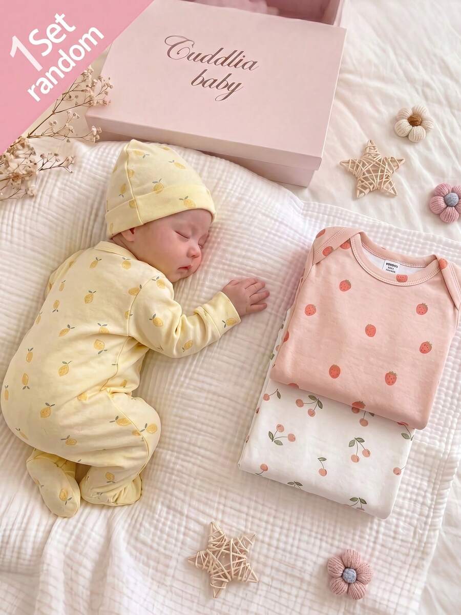 SHEIN 【随机发货3件,每件1件】水果印花系列,清新柠檬印花,草莓波点印花,清爽樱桃印花,长袖新生儿连体衣,舒适便捷,春夏舒适睡衣套装,让宝宝看起来可爱活泼,柔软舒适的面料,给新生儿带来母爱般的拥抱感。 - 彩色 - 查看 1
