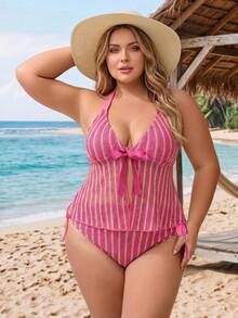SHEIN CURVE+ 2026新款大尺碼女款條紋網紗掛脖式分體式比基尼套裝 - 玫紅色 - 查看 7