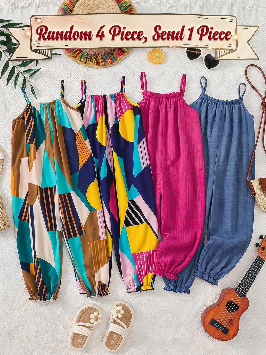 SHEIN [Random 4 Piece, Send 1 Piece]! Surprise Box!!!30% Chance Of Getting 2 Set!!Young Girl Vacation Casual Fashion Ditsy Floral Sleeveless Jumpsuit Young Girl's Vacation Casual Fashionable Ditsy Floral Chiffon Jumpsuit Young Girl Casual Fashionable Spaghetti Strap Blue Jumpsuit Squishy Summer Summer Clothes Summer Dresses - Green - View 1