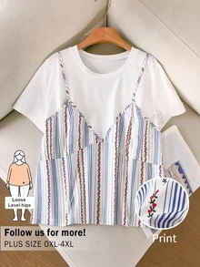 CosyJoli 大尺碼休閒拼接圓領短袖背心 T-shirt - 彩色 - 查看 6