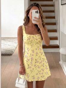 SHEIN LUNE Women's Yellow Floral Print Front Tie Sleeveless Mini Dress - Multicolor - View 6