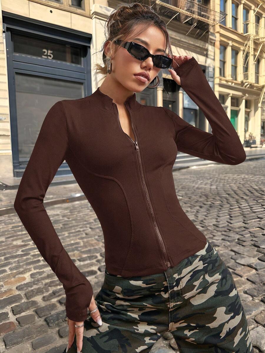 SHEIN EZwear 女款 Y2K 拉鍊拇指孔黑色夾克,秋冬款 - 咖啡棕 - 查看 1