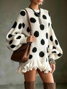 LUMIGAL Women's Polka Dot Lantern Sleeve Ruffle Hem Knit Dress - Black and White - View 5