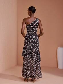 JIAN LASALA Mesh One-Shoulder Ruffle Hem Asymmetric Neckline Bodycon Women Long Dress - Multicolor - View 2