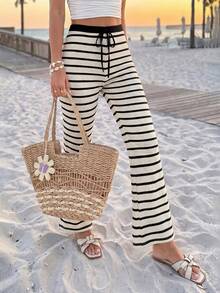 Sylviya Casual Hawaiian Sexy Women's Summer Knitted Black And White Striped Checkered Beach Long Pants - Black and White - View 6