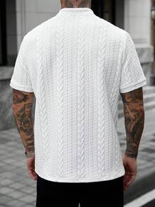 Manfinity CasualCool 男士立領 Polo 衫，針織提花面料，休閒日常穿著，時尚百搭風格 - 白色 - 查看 2