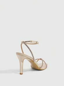 CUCCOO SZL Multi-Colored Rhinestone Cross With Round Toe Thin Heel Buckle Sandals Exquisite Party Style Spring And Summer Models - Champagne - View 3