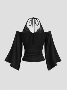 Sweetra Women's Lace Patchwork Cold Shoulder Halter Neck Flared Sleeve T-Shirt, Versatile For Daily Wear, Casual Outings, Sexy Style - Black - View 2