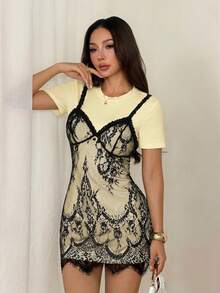 SHEIN PETITE 女款性感蕾絲二合一短袖洋裝 - 淡黃色 - 查看 5