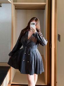 Vibekara Plus Size Women's Striped Pleated Casual Daily Wear Dress Fall - Dark Grey - View 6