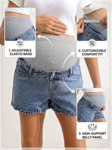 SHEIN Women's Adjustable Waist Pocket Casual Denim Shorts Navy Blue Summer - Medium Wash - View 8