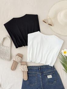 Travachic 2pcs Solid Color Knit Women's Tank Tops - Black and White - View 2