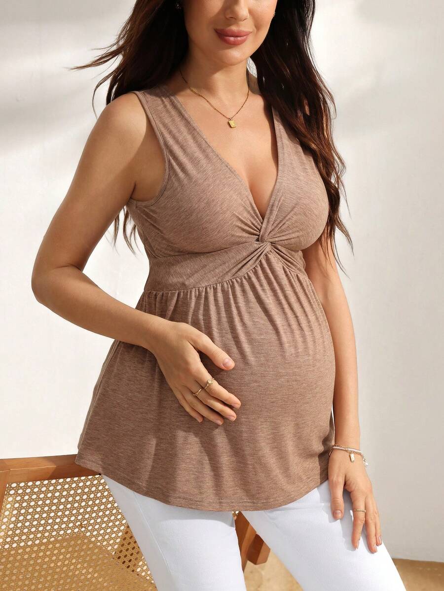 SHEIN 孕婦純色扭結百褶休閒日常上衣 - 摩卡棕 - 查看 1