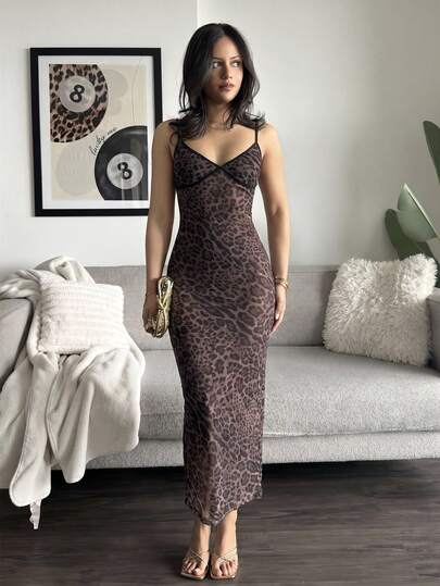 leahseptember New Sexy Leopard Print Mesh Camisole Slim Fit Long Dress Party Elegant Summer
