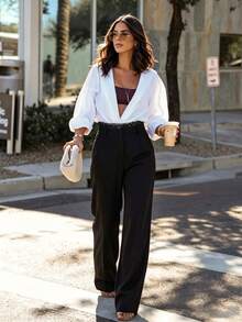 Anewsta Pantalones de traje negro de mujer de cintura alta con volantes, versátiles, casuales y de lino para vacaciones de verano - Negro - Ver 3