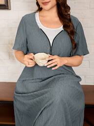 Lacomfia Casual Minimalist Knit Jacquard Colorblock Round Neck Zipper Short Sleeve Loose Regular Fit Plus Size Dress For Spring/Summer