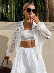 DAZY Women's Loose Lace Crew Neck Regular Jacket Day Party Rave White Summer Elegant - White - View 5