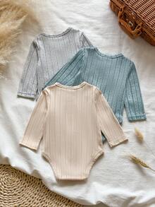 SHEIN Vintaside Kids 新生兒女嬰與男嬰白色純色交叉前襟舒適可愛趣味優雅極簡時尚彈性長袖連身衣多件套裝 - 彩色 - 查看 2