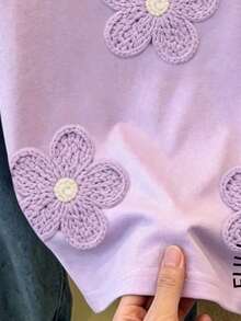 兒童青少年女孩休閒可愛極簡紋理花卉印花淡彩色短袖圓領T恤，適合夏季，圖案上衣，上衣，校園穿搭 - 彩色 - 查看 5