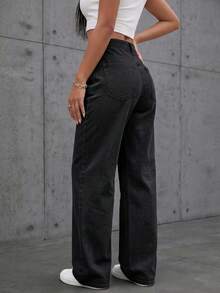 SHEIN ICON Women's Casual Washed Rhinestone Decorated Jeans Women's Fall Teacher Pants - Black - View 2