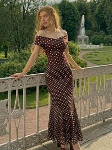 SHEIN MOD Spring/Summer New Polka Dot Print Ruched Off Shoulder T-Shirt For Women - Coffee Brown - View 3