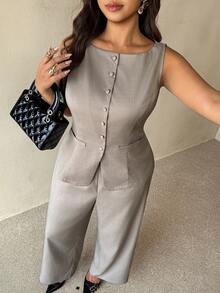 Auralis Plus Size Women Solid Color Vest And Pants Casual Elegant Commute Suit Set Office Formal Grey Summer - Khaki - View 3