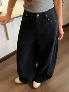 DAZY Women's Solid Color Loose Rivet Casual Street Vacation Curved Leg Jeans Fall - Black - View 5