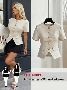 SHEIN Tall CURVE 大码女士优雅短袖轻薄外套，金色纽扣，适合工作或休闲场合。短袖西装外套，亚麻材质，休闲衬衫，圆领短袖衬衫，纽扣前襟衬衫，收腰设计，女士正装衬衫，夏季款式 - 杏色 - 查看 1