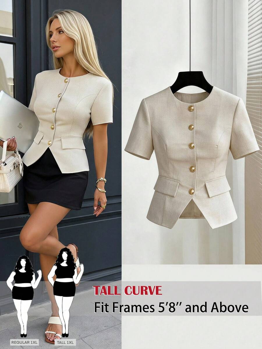 SHEIN Tall CURVE 大码女士优雅短袖轻薄外套,金色纽扣,适合工作或休闲场合。短袖西装外套,亚麻材质,休闲衬衫,圆领短袖衬衫,纽扣前襟衬衫,收腰设计,女士正装衬衫,夏季款式 - 杏色 - 查看 1