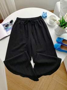 SHEIN Tall CURVE 大尺碼女款純色腰綁帶休閒寬鬆長褲 - 黑色 - 查看 7