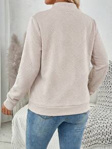 SHEIN PETITE CURVE 大尺碼女款純色長袖前拉鍊休閒棒球夾克 - 卡其色 - 查看 8