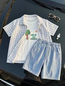 SHEIN Little Byeori 3件套儿童/青少年男孩可爱夏季百搭三件套：格子短袖衬衫、白色T恤、蓝色牛仔短裤，适合日常穿着、运动、郊游、上学、聚会、度假、拍照等场合。 - 白色 - 查看 5