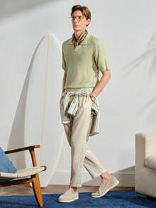 VeloEdit Pantalon décontracté ample à jambes droites en lin tissé de couleur unie pour hommes, style plage, détente et vacances - Nude - Voir 8