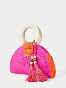 SHECARRY Ladies Round Wooden Arm Two-Color Straw Woven Handbag, Fashionable, Elegant, Simple ,  For Beach Holidays, Festivals, Summer Beach Party - Hot Pink - View 3