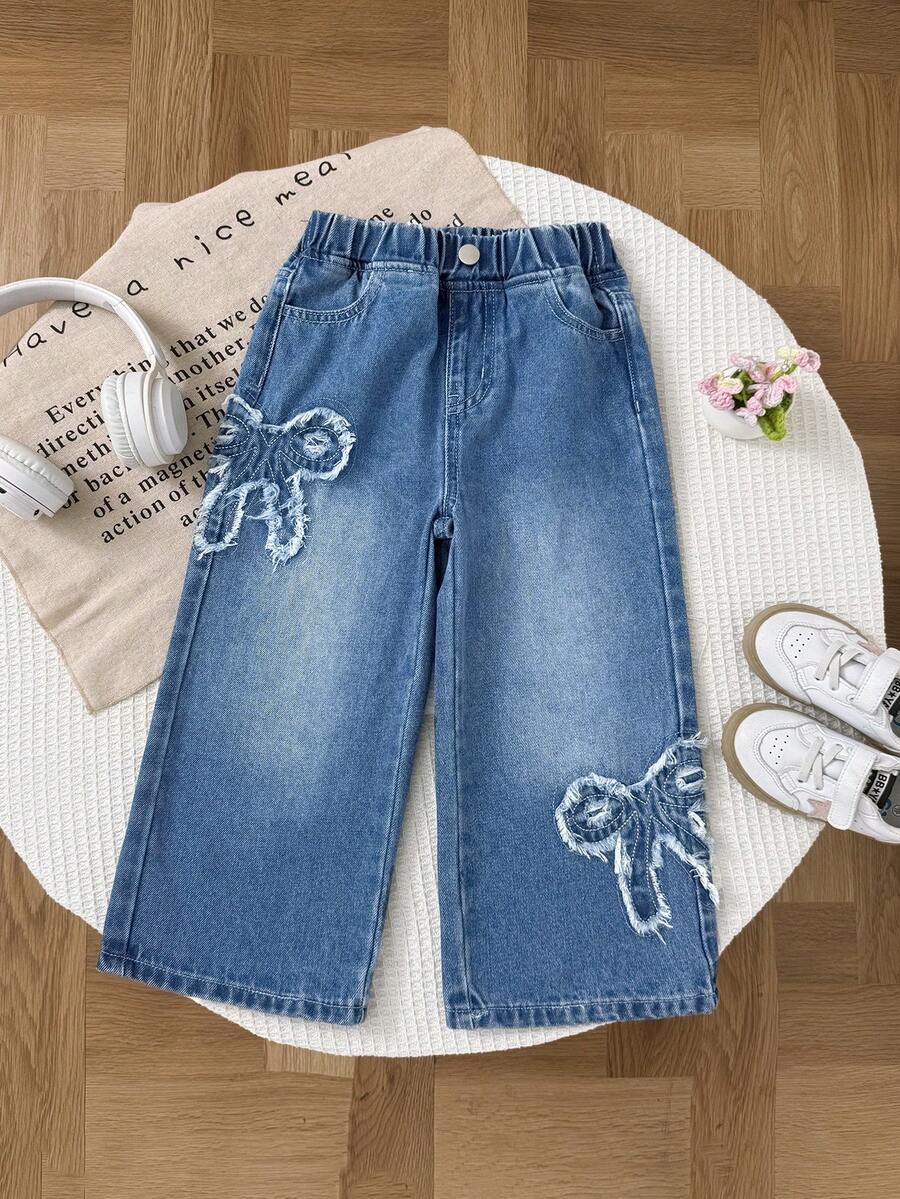 Girls' Versatile Casual Cute Sweet Cool Bow Embroidery Patchwork Loose Straight Leg Washed Denim Jeans, Suitable For Daily Wear, School, Campus, Outings, Dates And More - Medium Wash - View 1