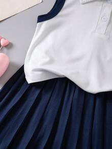 Elladie kids 1件隨機款女款大學風 Polo 領無袖針織 T 恤百褶裙套裝，返校穿搭，夏季服飾 - 彩色 - 查看 8